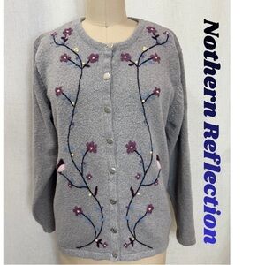 Northern Reflections Gray Floral Embroidered Button Cardigan Sweater SP
